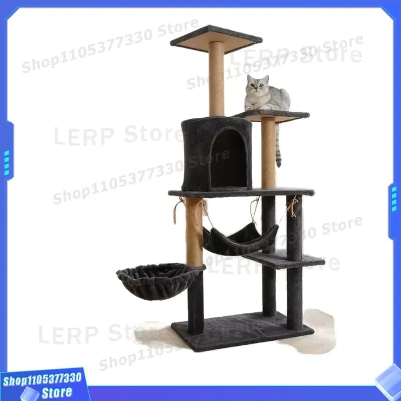 Wooden Cat Tree with Hammock Multifunctional Climbing Frame Scratching Post Two in One Pet Furniture for Indoor Cats
