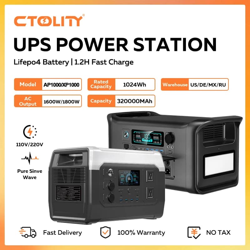 CTOLITY 1800W Portable Power Station 1024Wh Lifepo4 Battery Solar Generator AC Outlets Pure Sinve Wave Outdoor Power Supply New