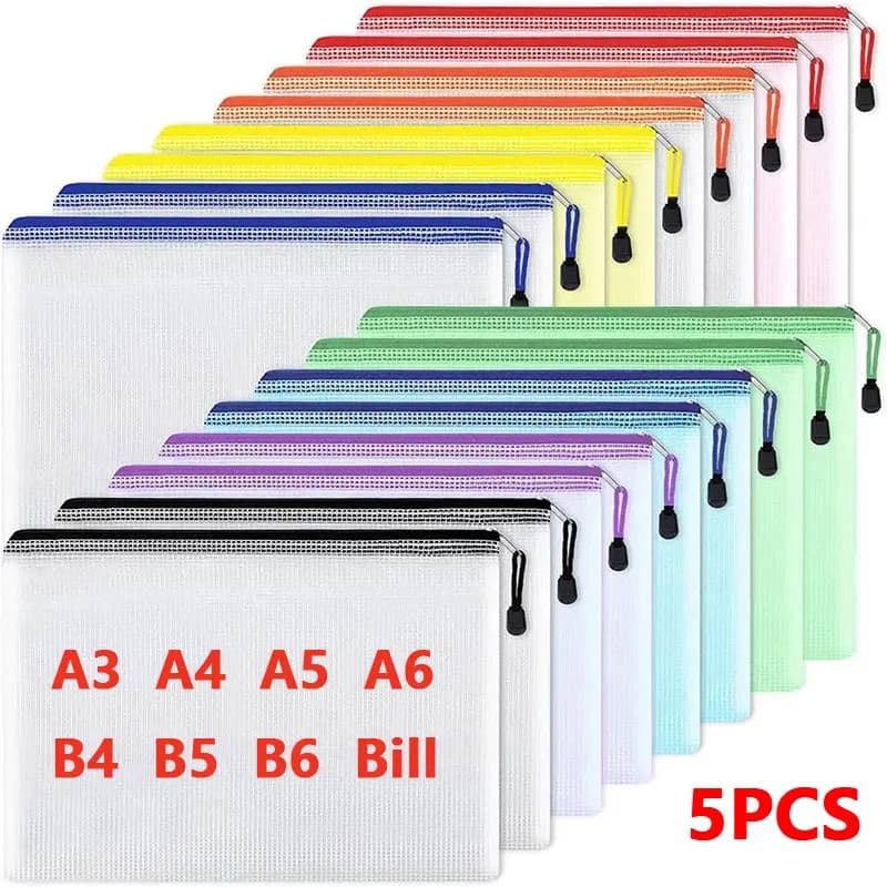 5PCS A3/A4/A5/A6 Custodia in rete con cerniera Borsa per documenti Cartelle di file con cerniera impermeabile Astuccio Borse portaoggetti Forniture per ufficio scolastico