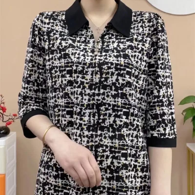 Printed shirt pied de poule women's office summer new half sleeve Casual women's dress embroidered with twisted fashion