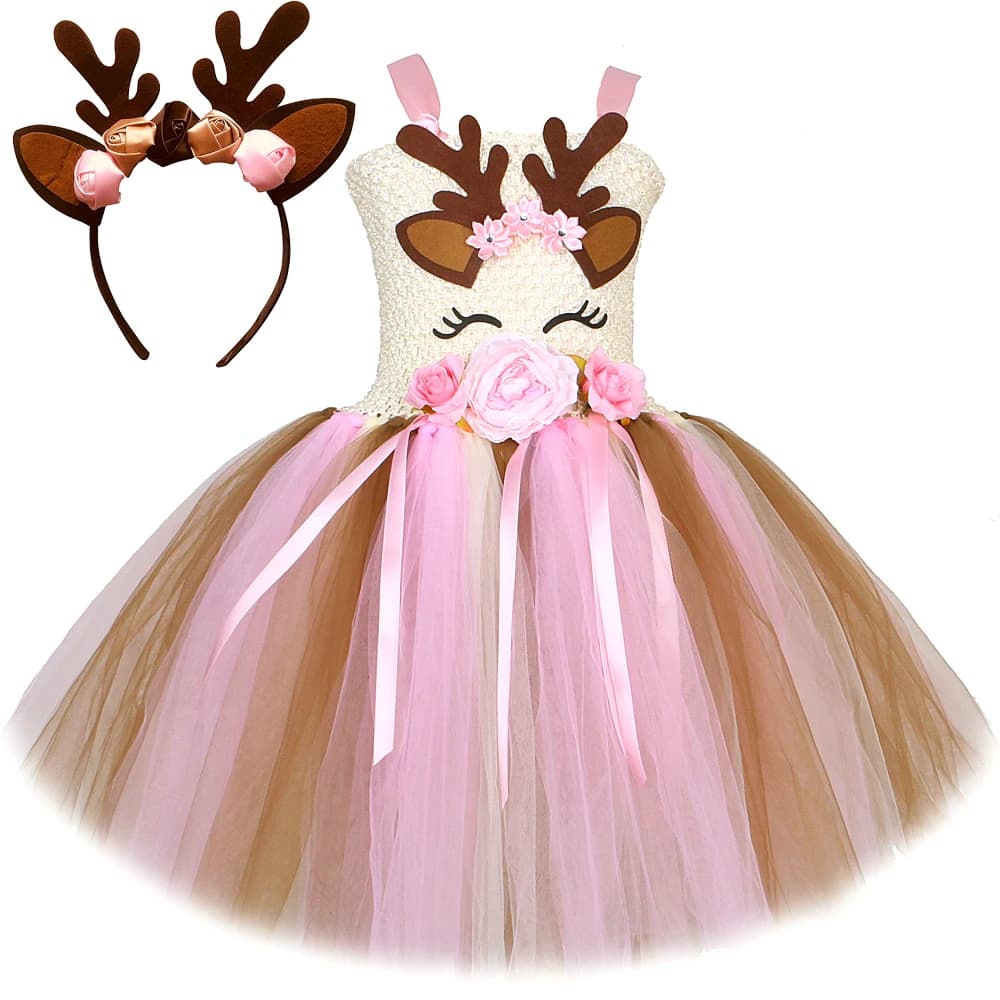 Fiori rosa costumi di cervo per neonate Tutu di natale vestito bambini animali renne abiti bambini regalo di natale vestiti di capodanno