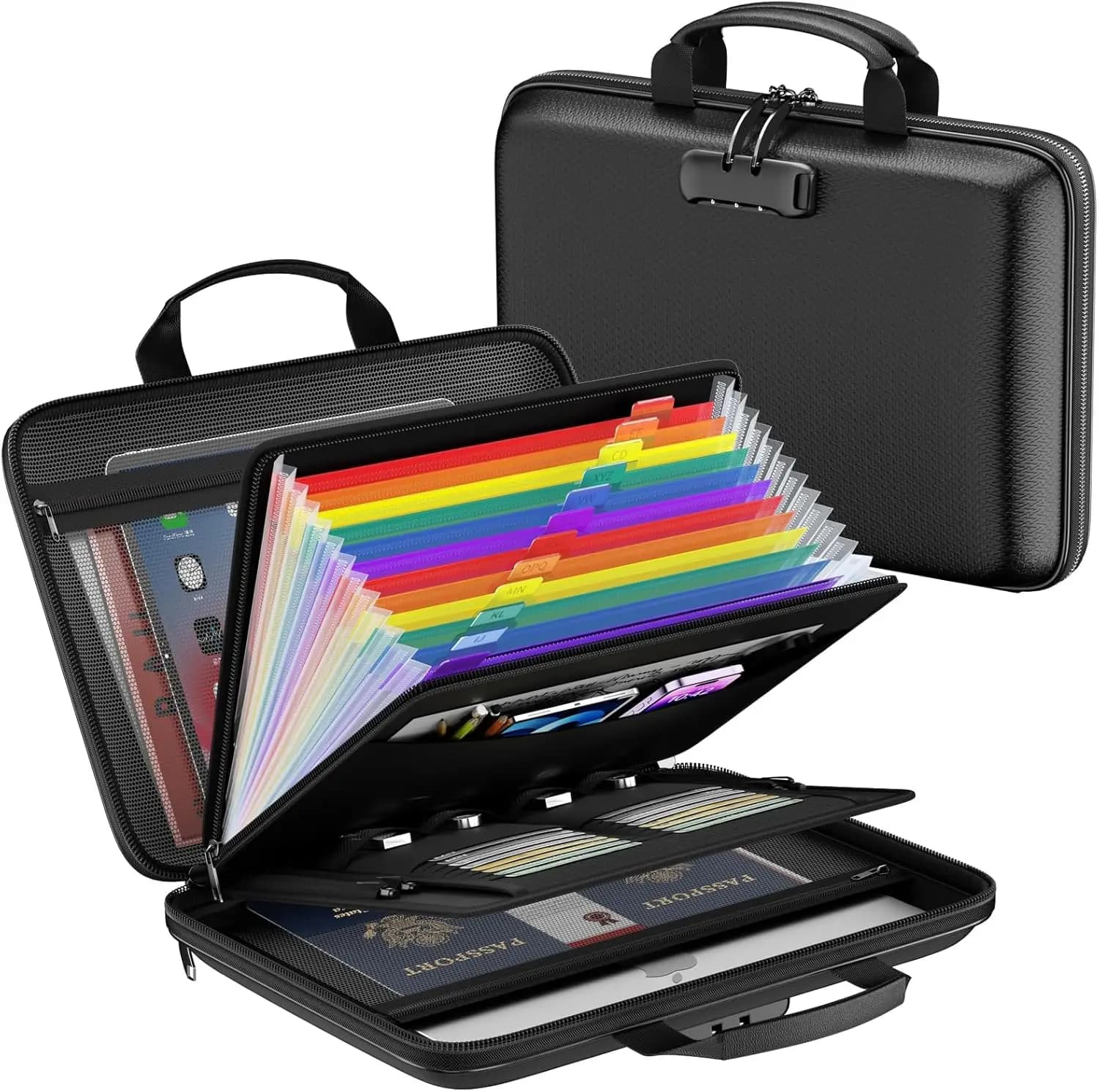Organizzatore di documenti ignifugo, Scatola portadocumenti ignifuga con serratura, Cartella espandibile grande con 13 tasche, Contenitore portatile rigido e sicuro