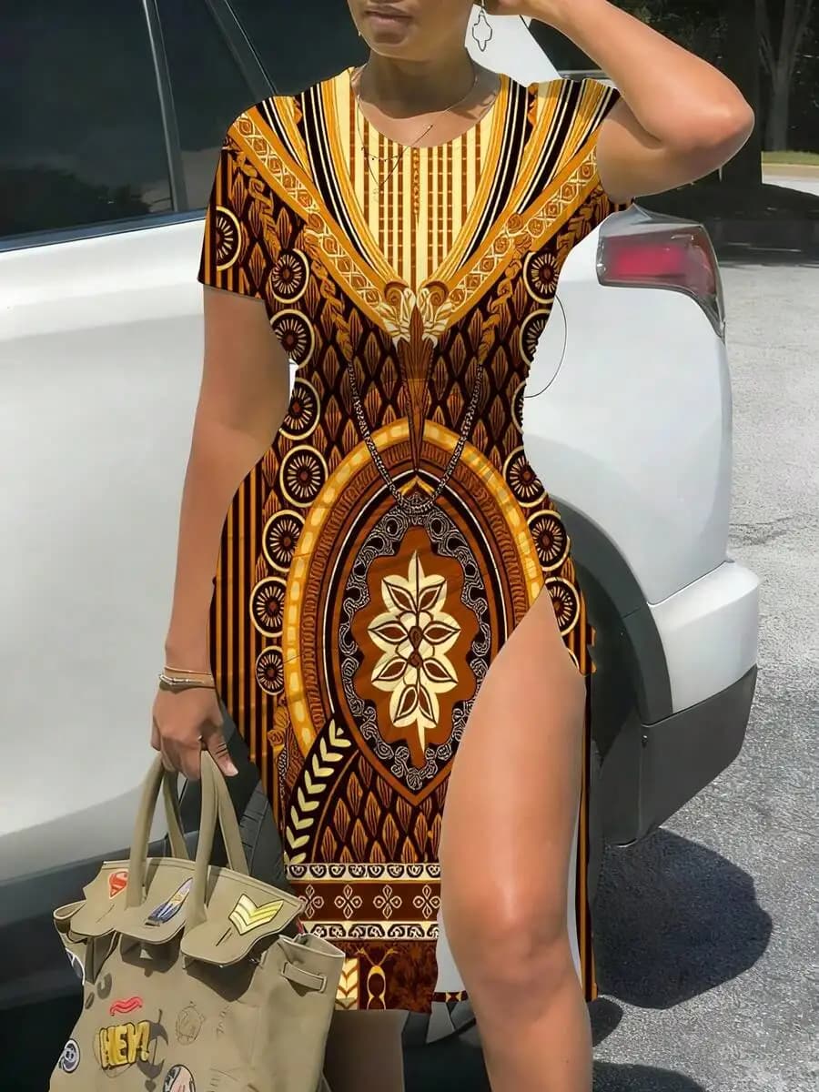 Women Short Sleeve Fitted Midi Dress With Slit Geometric Print Casual Knit