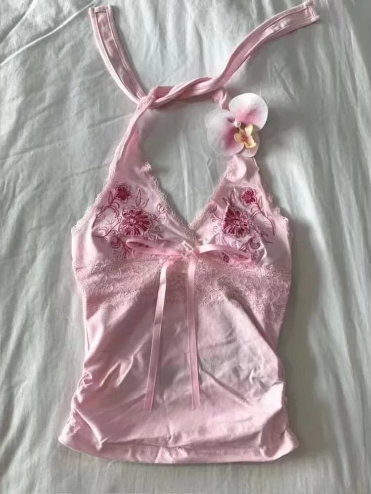Vintage sexy pizzo cuciture reggicalze top femminile rosa retro retro incrociato gilet scozzese top harajuku chic Y2k design abbigliamento casual