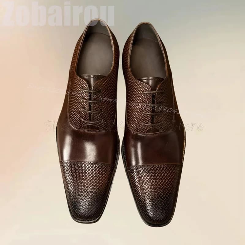 Scarpe derby da uomo con cinturino e punta quadrata dal design lavorato a maglia marrone Scarpe da uomo slip on alla moda Scarpe eleganti da uomo da ufficio fatte a mano di lusso
