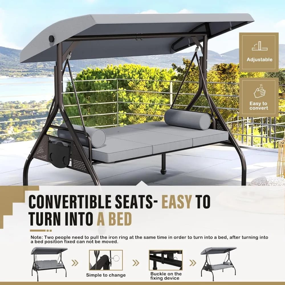 3-Seat Patio Swing Chair, Outdoor Porch Swing with Cushions,Pillows & Cup Holders, Adjustable Canopy Outside Bench, Customized