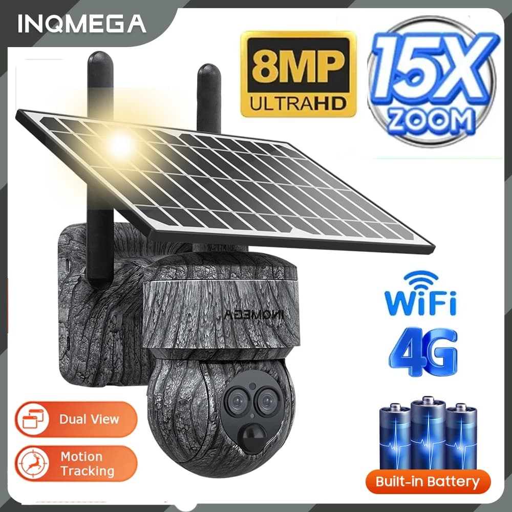 INQMEGA 15X 8MP 4G con pannelli solari visione notturna a colori monitoraggio in tempo reale di personale e animali telecamera di sorveglianza esterna