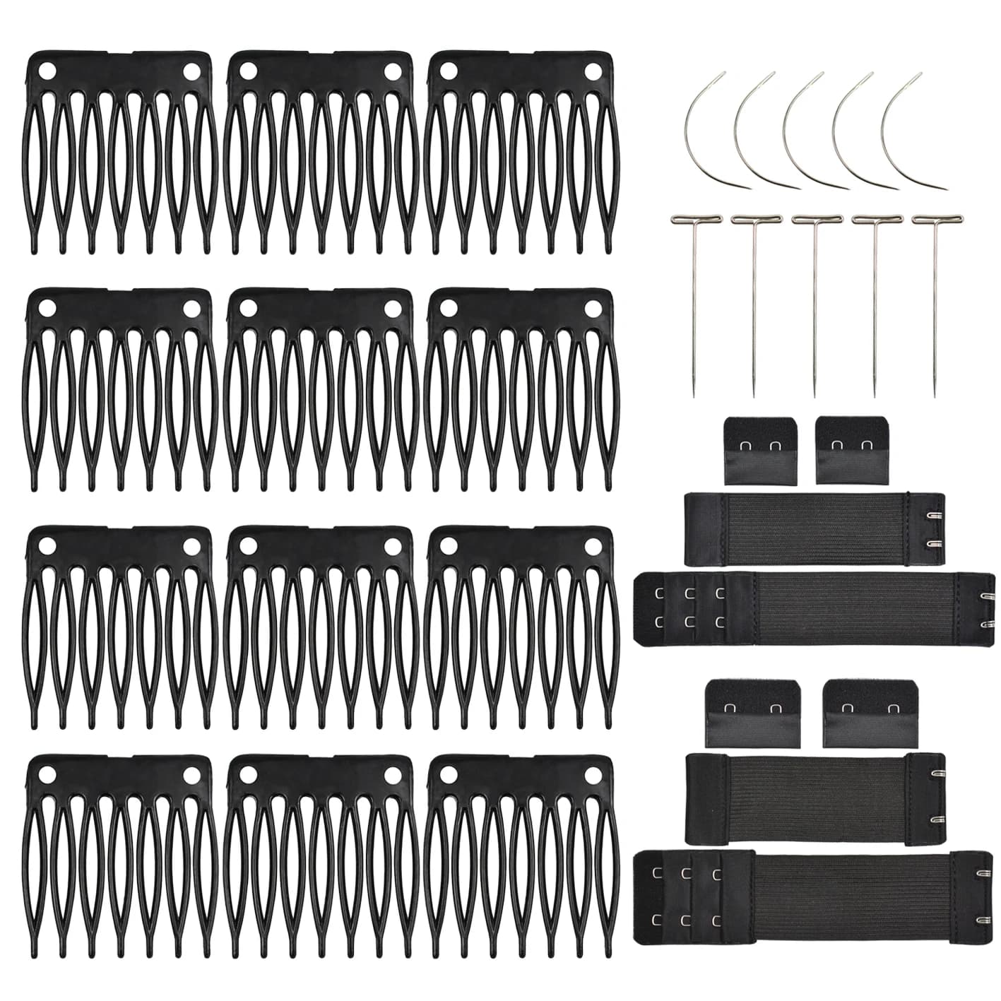 50 Pcs Hair Combs Plastic Clips 7-teeth Wig Combs with 2 Pcs Black Elastic Band 5 Pcs T Pins and 5 Pcs C Curve Needles Sewing