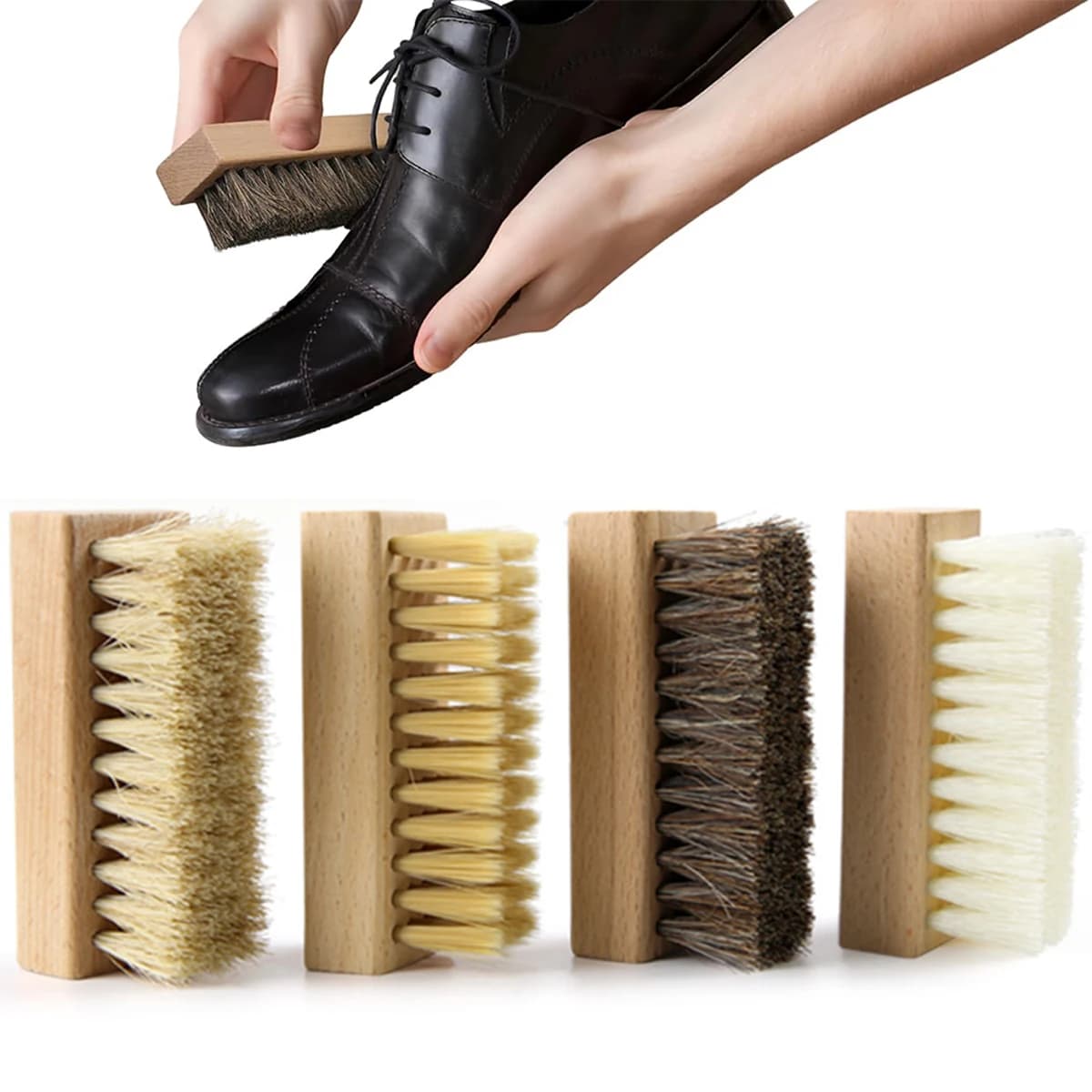Set di 1/4 spazzole per scarpe – Nylon, PP, setole e crine di cavallo per sneaker, pelle, camoscio e stivali, senza rischiacciare la superficie