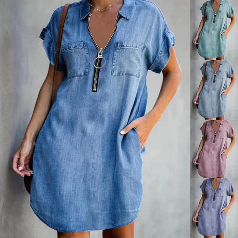 Abito estivo da donna, nuova moda, manica corta, colletto rovesciato, cerniera, stampa digitale, imitazione denim, mini gonne sopra il ginocchio