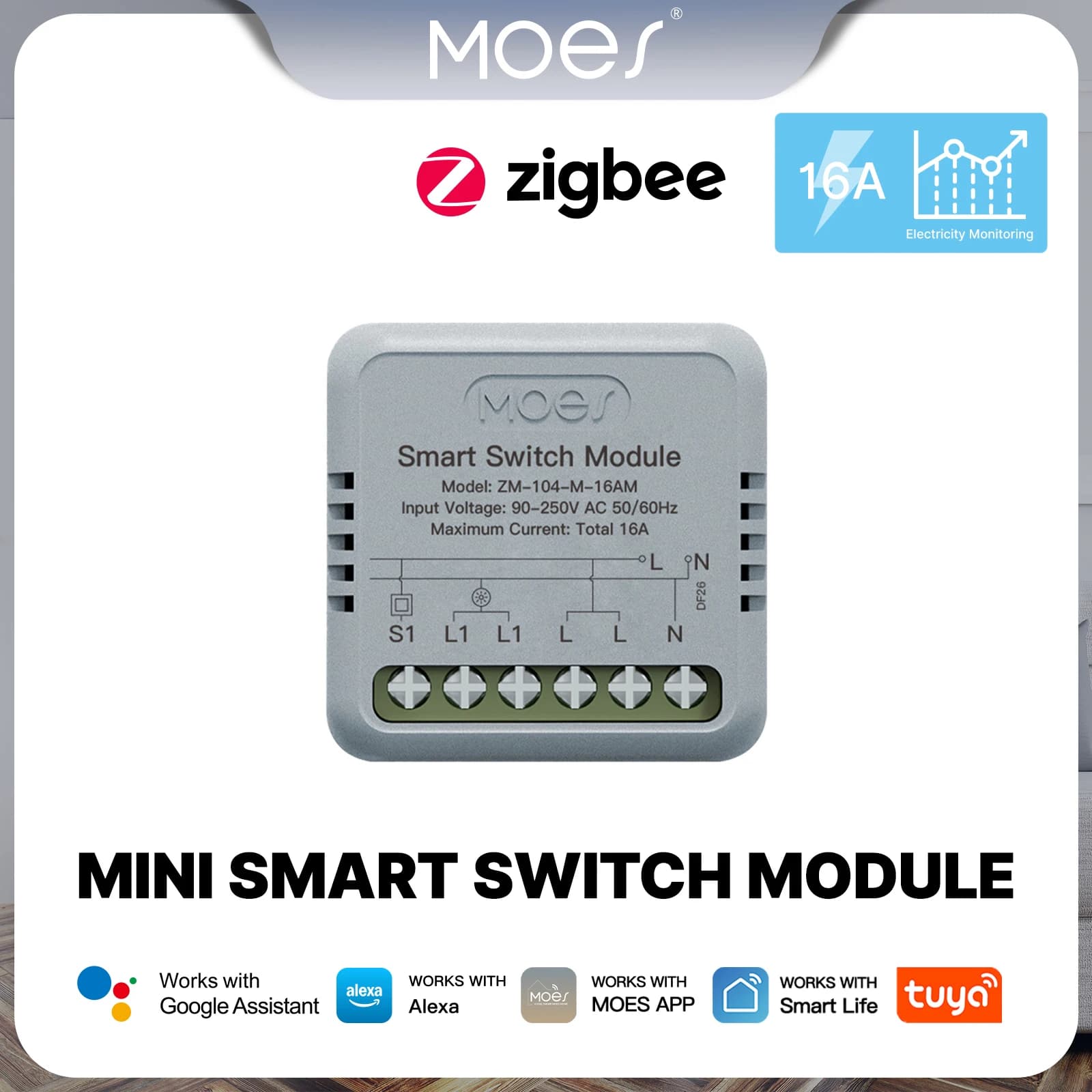 MOES Tuya 16A ZigBee Mini Modulo Interruttore Intelligente con Monitoraggio Consumo Elettrico, Interruttore Luce 1 Gang, Supporta Google Alexa