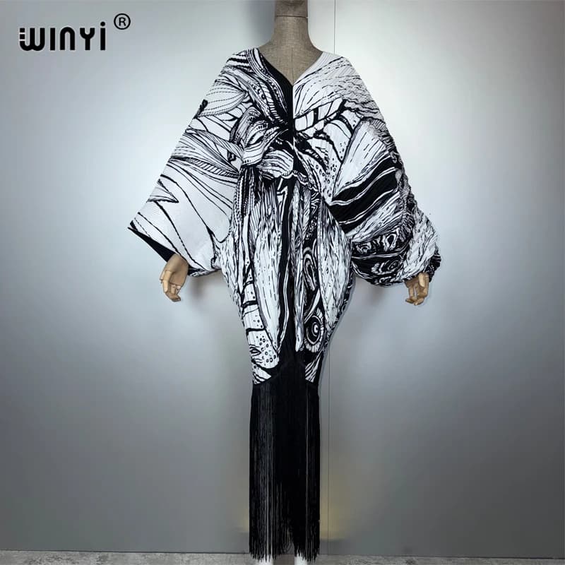 WINYI tassel Pleated dress Women crumple Design Loose boho robe Maxi Long Femme Vestidos holiday Party Elegant Pleated dress
