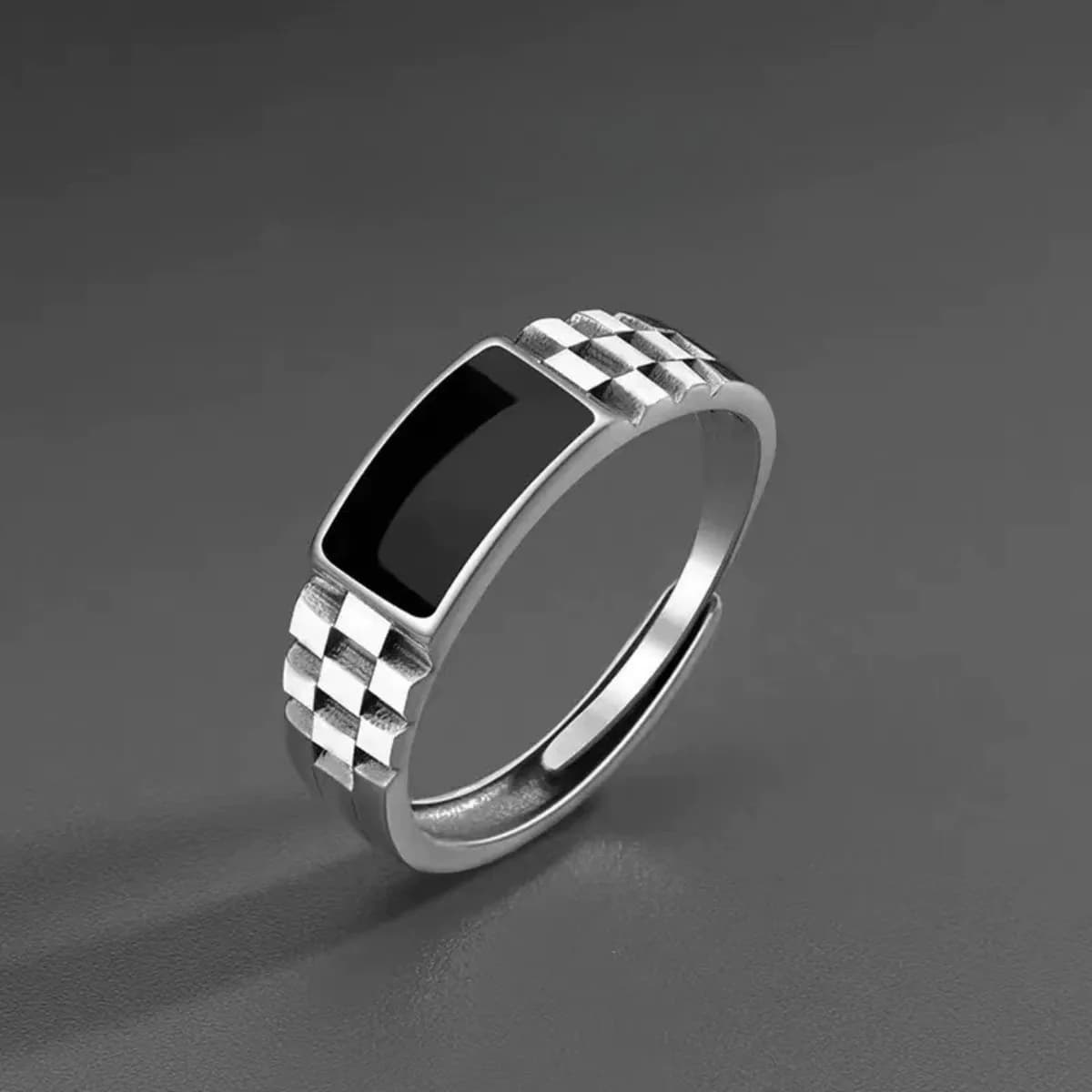 Vintage Faux Onyx Rings for Men Temperament Stainless Steel Adjustable Open Ring Silver Color Fashion Punk Jewelry Gifts