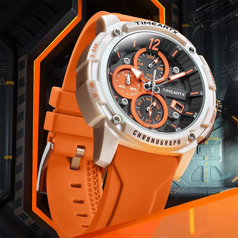 TIMEARTX Nuovo orologio da uomo in silicone arancione alla moda, orologio sportivo rotondo con cronografo, orologio da polso da uomo impermeabile e luminoso al quarzo