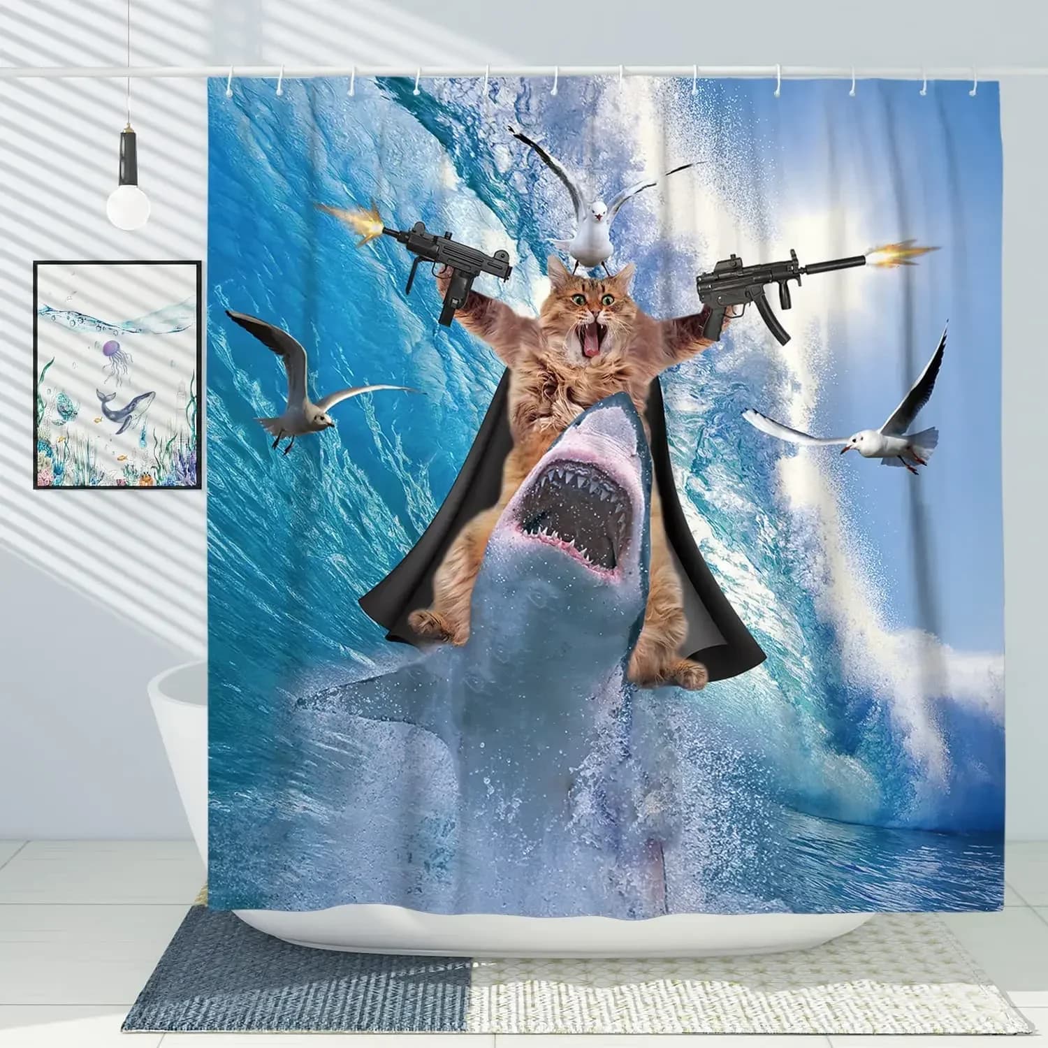Divertenti tende da doccia Gatto che cavalca Squalo Uccelli dell'oceano Onde del mare Fantastico e divertente Tenda da bagno in tessuto di poliestere Set di decorazioni per il bagno per bambini