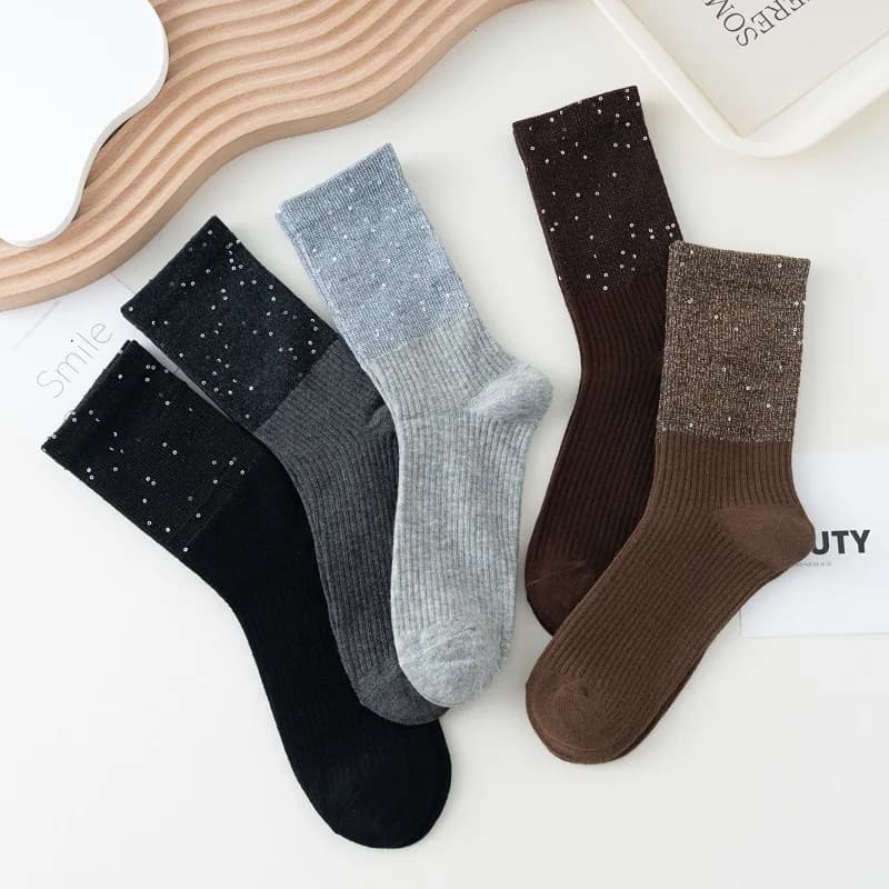5 Paia di Calzini Lunghi da Donna in Puro Cotone, Stile Fatato con Stelle e Diamanti, Nuova Collezione Primavera-Autunno, Lusso Leggero e Versatile