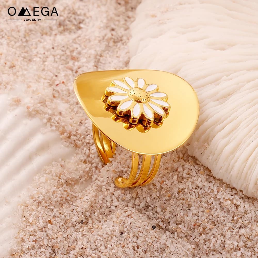 Stainless Steel Flower Ring Earrings Set For Women 18k Gold Plated Waterproof Women's Daisy Stud Earring Open Rings Jewelry Sets
