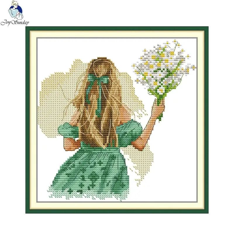 Kit Punto Croce Joy Sunday, Ricamo Fai-da-Te 'La Ragazza con i Chiodi di Garofano', Stile Caratteristico, Hobby Artigianale, Decorazione Casa, Regalo
