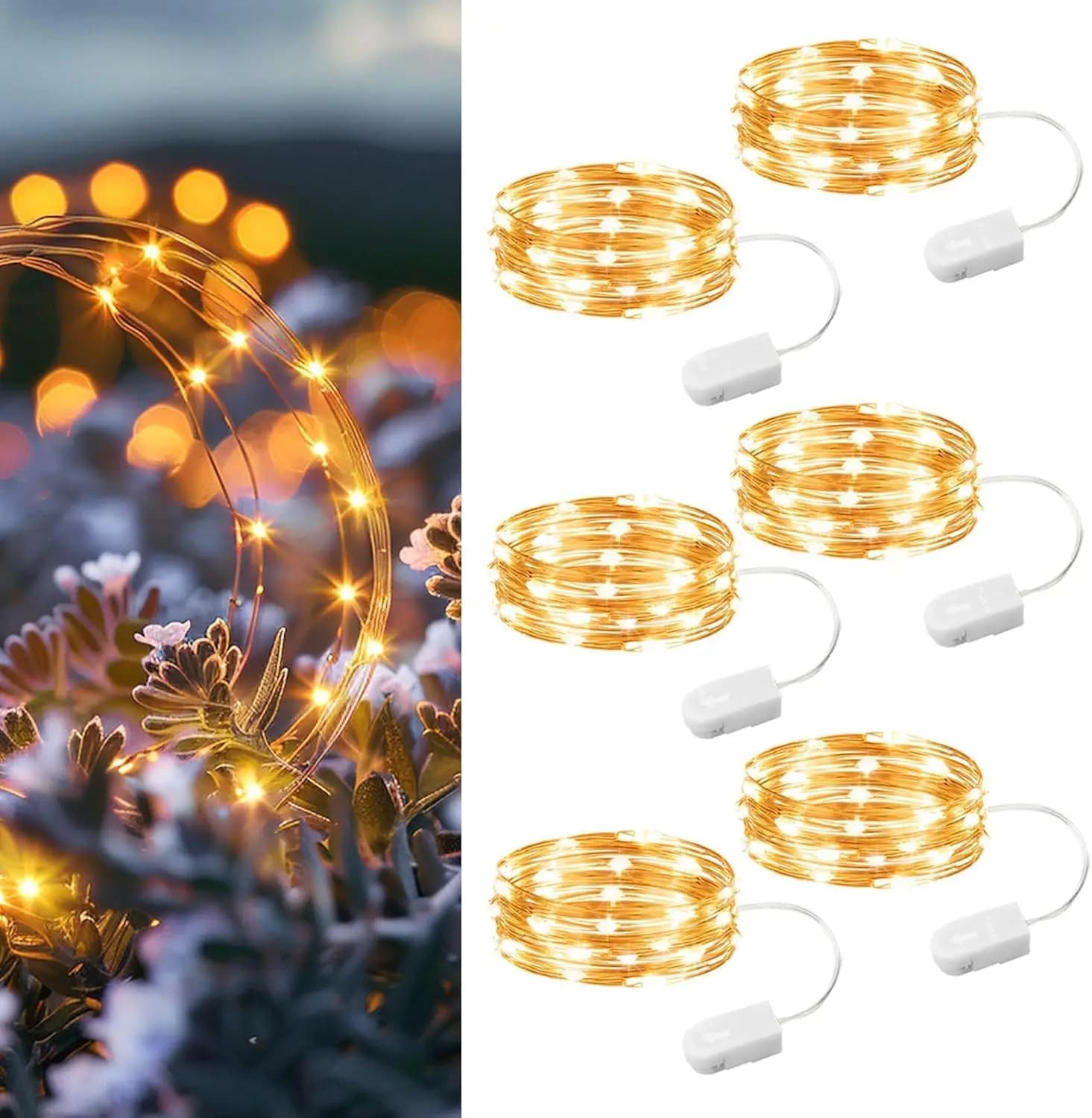 Confezione da 6 luci fatate a batteria, luci stellate mini da 7 piedi con 20 LED per decorazioni interne ed esterne, bianco caldo
