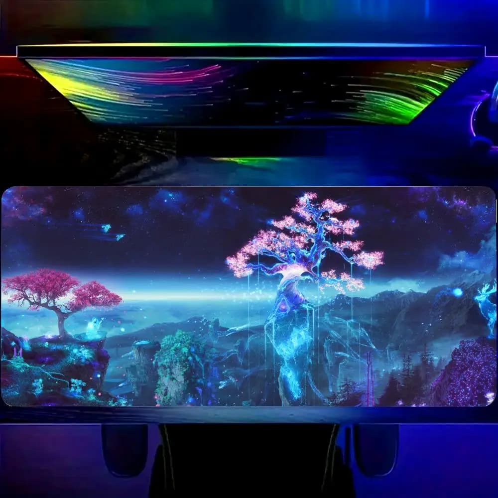Tappetino da Scrivania Esteso HYBXAXC, Tappetino per Mouse Antiscivolo in Gomma, Design Artistico Notturno con Fiori di Ciliegio, Tappetino per Tastiera da Gaming per Ufficio e Casa