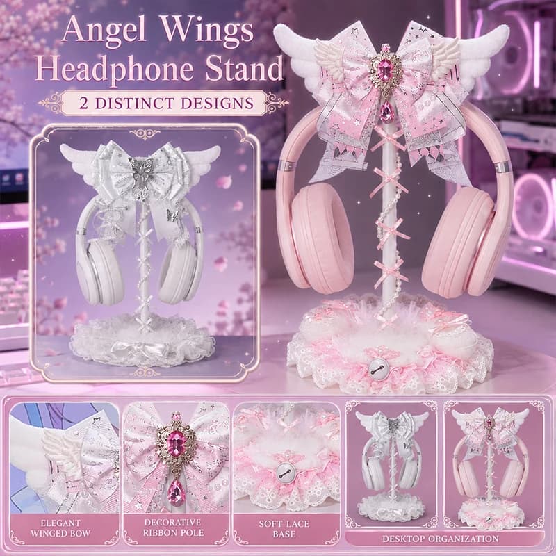 Cute Angel Wings Headphone Stand Pink/White Lace Bow Headset Storage Holder Kawaii Gaming Headset Display Office Desktop Decor