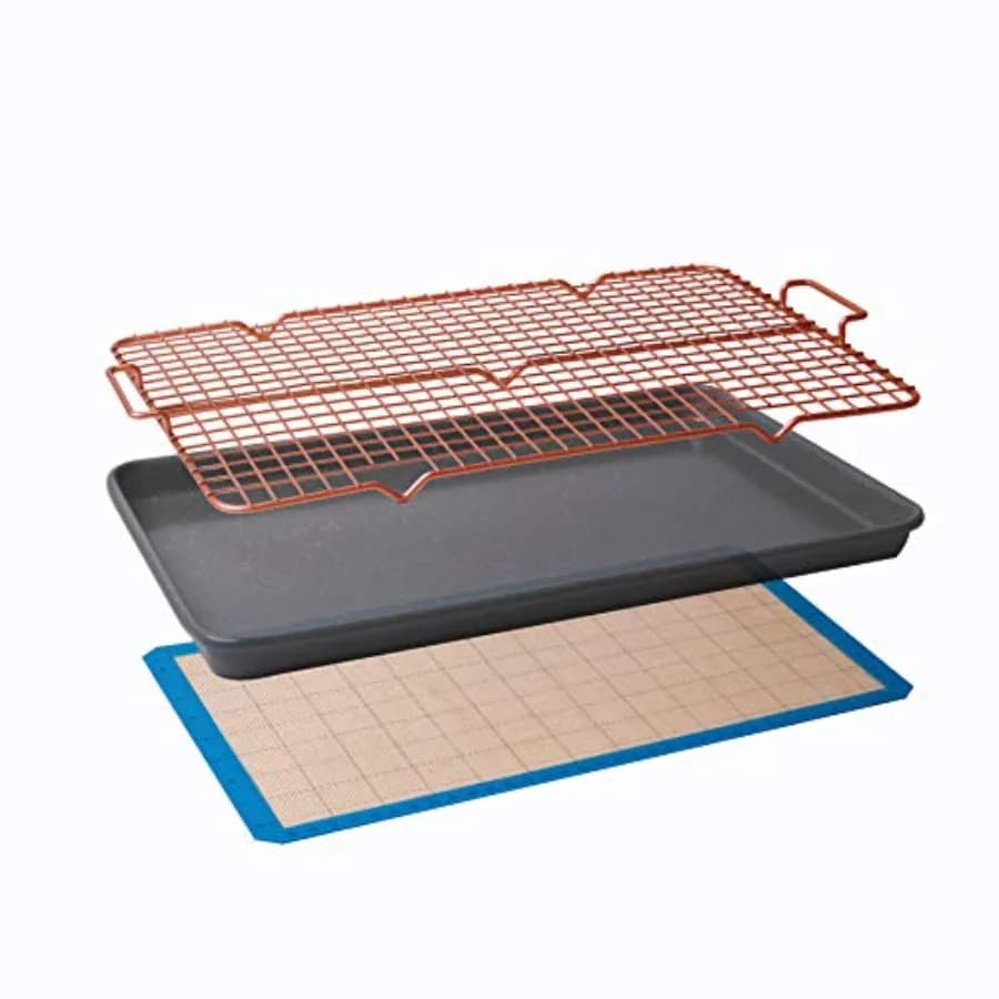 Set da 3 pezzi Ultimate Commercial Weight: teglia per biscotti 15 x 10 x 1 pollice, griglia di raffreddamento e tappetino in silicone per la cottura.