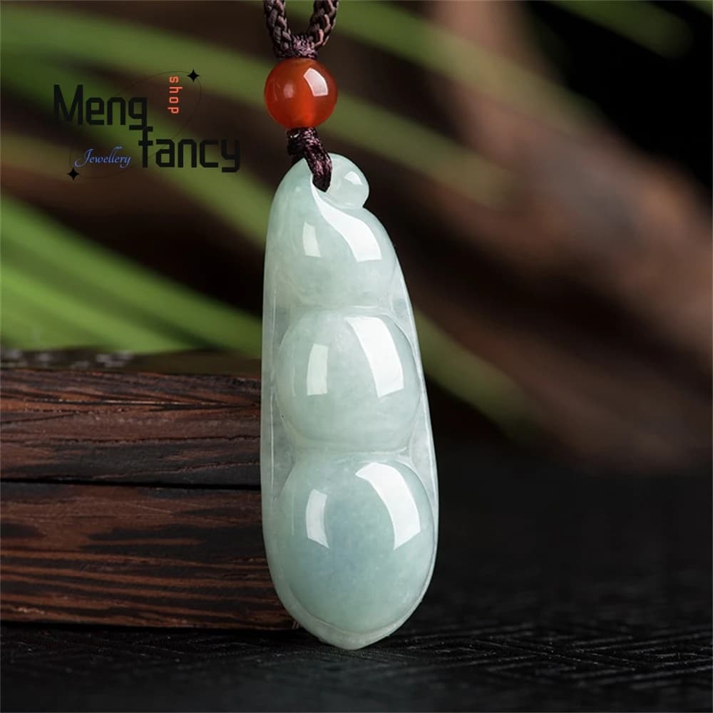 Lucky Beans in Grade A Natural Burmese, Green Beans Pendant in Jade Pendant with Ice Seeds Flower Piece for Women Fashion Jewelry