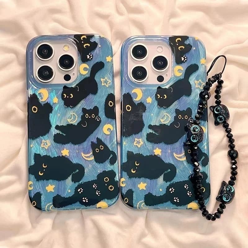 Cute Stars Moon Cat Custodia compatibile per IPhone 15 11 16 13 14 12 Pro Max 15 8 14 16 Plus XR X XS MAX SE 2020 Copertura in filato di piume