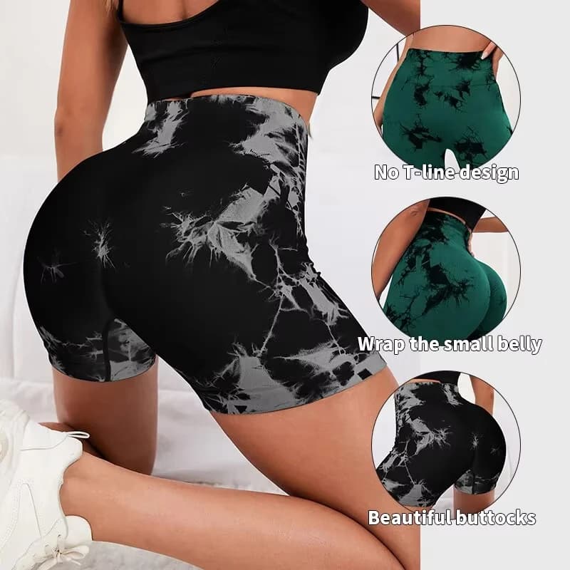 Pantaloni tripli fitness ad asciugatura rapida a vita alta stile tie-dye senza cuciture Pantaloncini attillati sportivi per yoga con sollevamento dell'anca color pesca miele