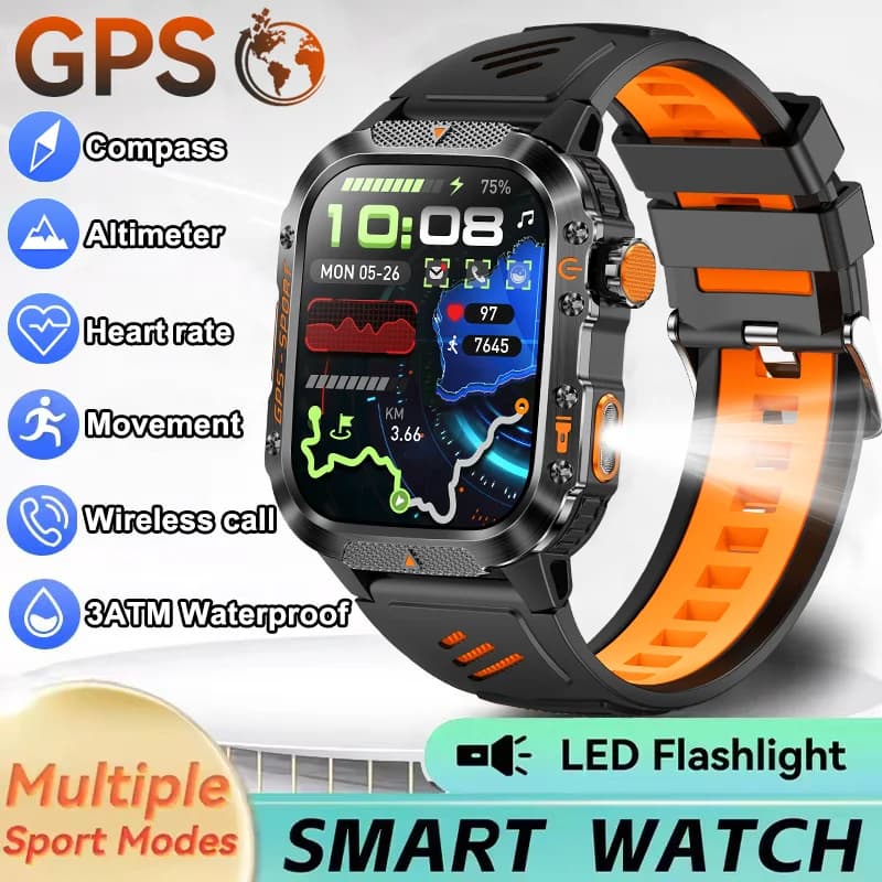 2025New Uomini Militare GPS Astuto Della Vigilanza Torcia Elettrica Bussola Altimetro HD Bluetooth Chiamata Frequenza Cardiaca 3ATM Impermeabile Sport Smartwatch