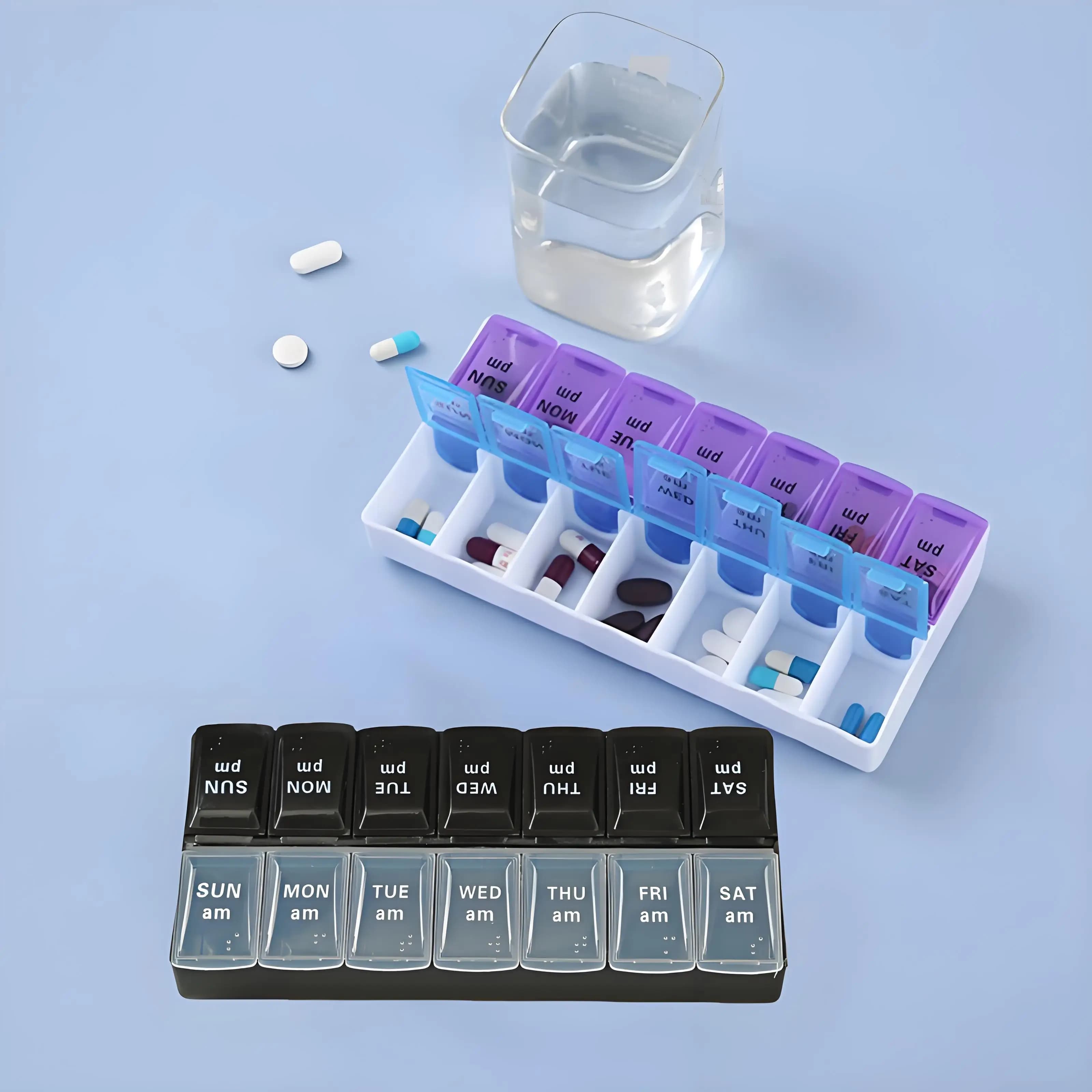 Portapillole Settimanale da Viaggio, Organizzatore 7 Giorni, 2 Volte al Giorno, 14 Scomparti, Contenitore per Pillole, Vitamine e Medicinali