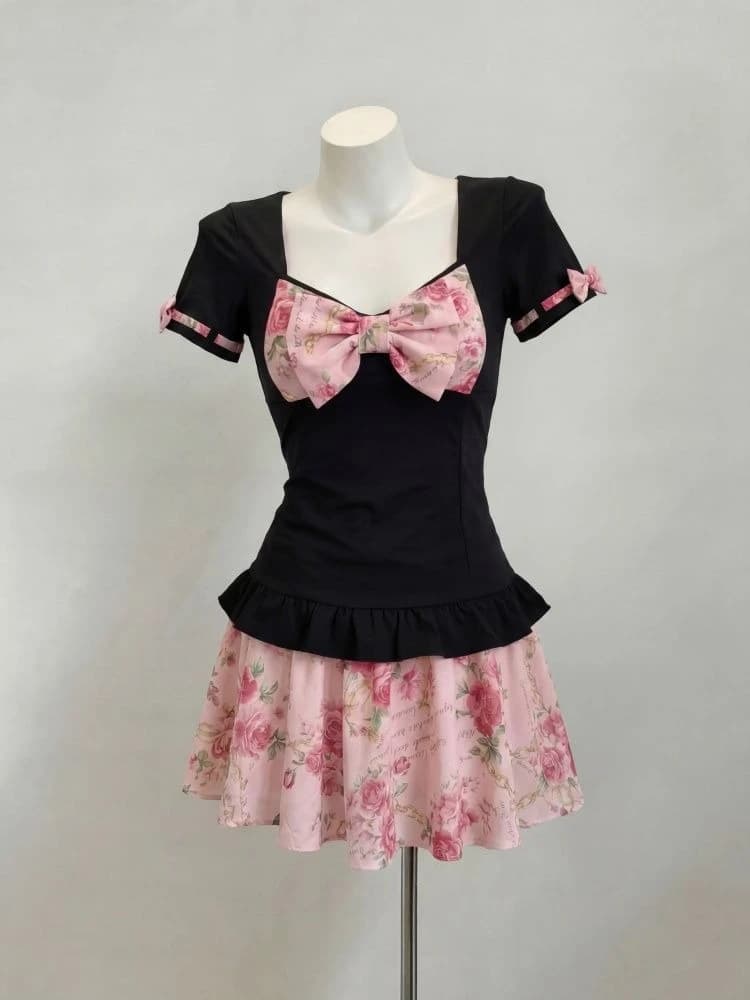 Completo da donna due pezzi con stampa floreale, top corto slim con fiocco e volant + minigonna a vita alta, stile Y2K Harajuku