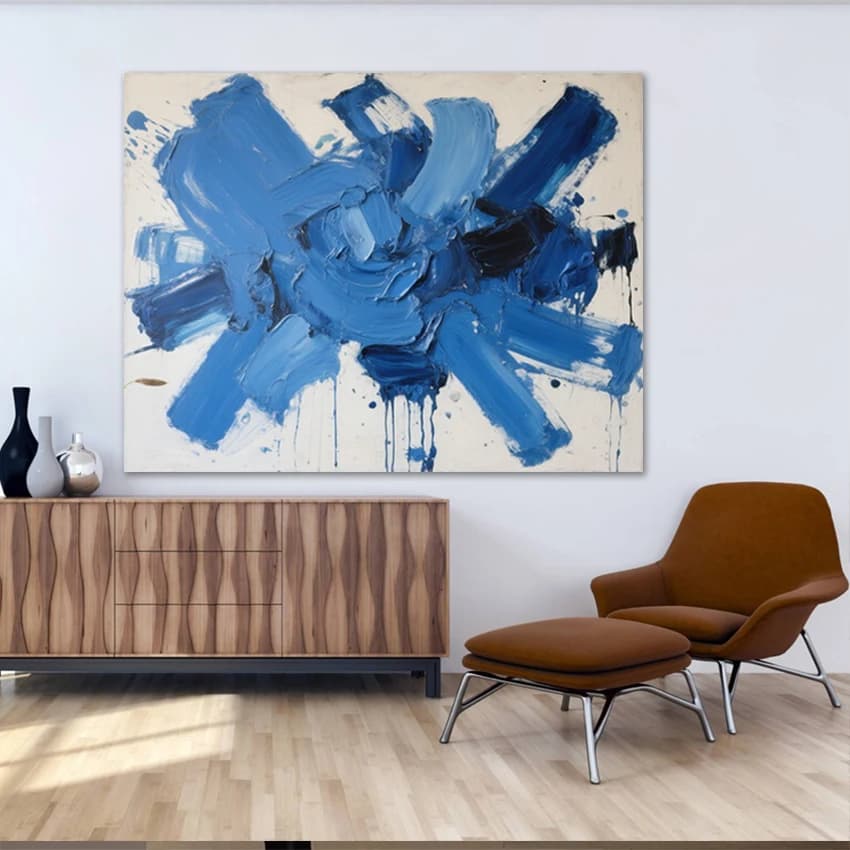 Frameless, modern art wall image, abstract decorative paintings for bedroom, hand-made artwork gifts on blue acrylic textured canvas