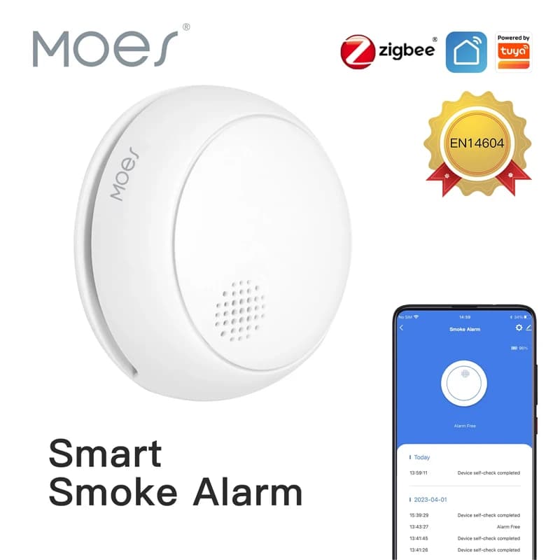 Rilevatore di Fumo Wireless Intelligente MOES ZigBee, Allarme Sonoro 85dB, Sensore di Sicurezza Intelligente per Casa e Cucina, Avviso Incendio tramite App