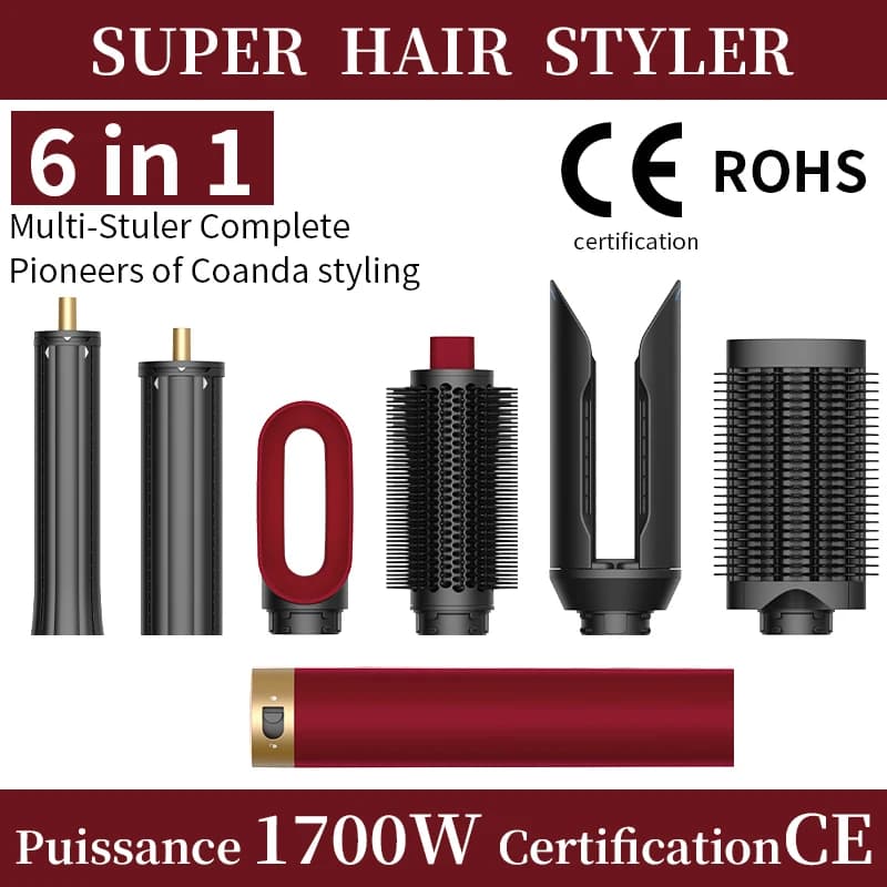 Professional 6 in 1 Cold Hot Air Styling Brush Hair Dryer Curling Iron Straightener Flat Iron 1700W Fast Dry Voluminous Waves