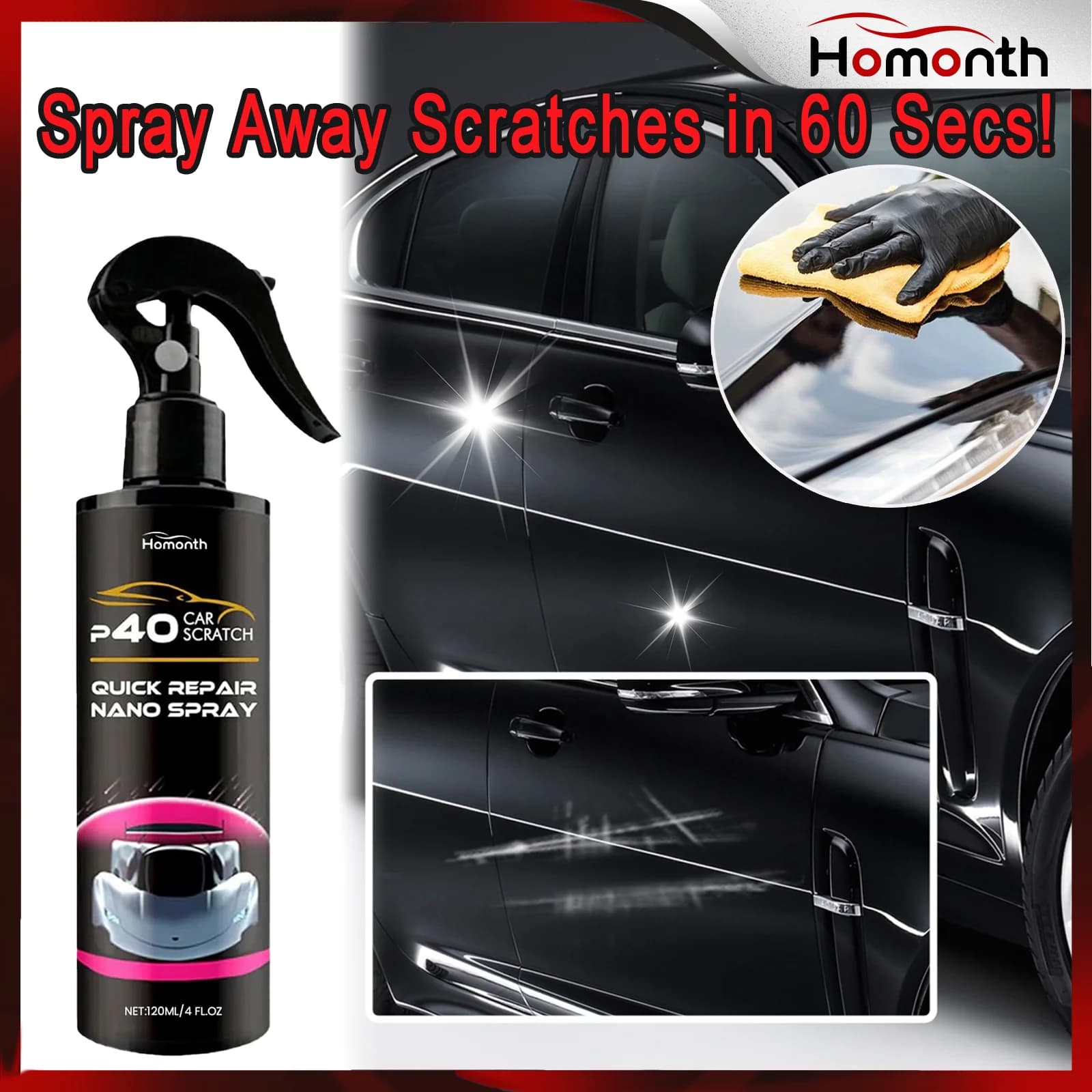 Nano Spray per la rimozione dei graffi dell'auto 120ml Riparazione della vernice ad azione rapida per graffi Segni di turbolenza Rimozione istantanea dei graffi Lucidatura dell'auto