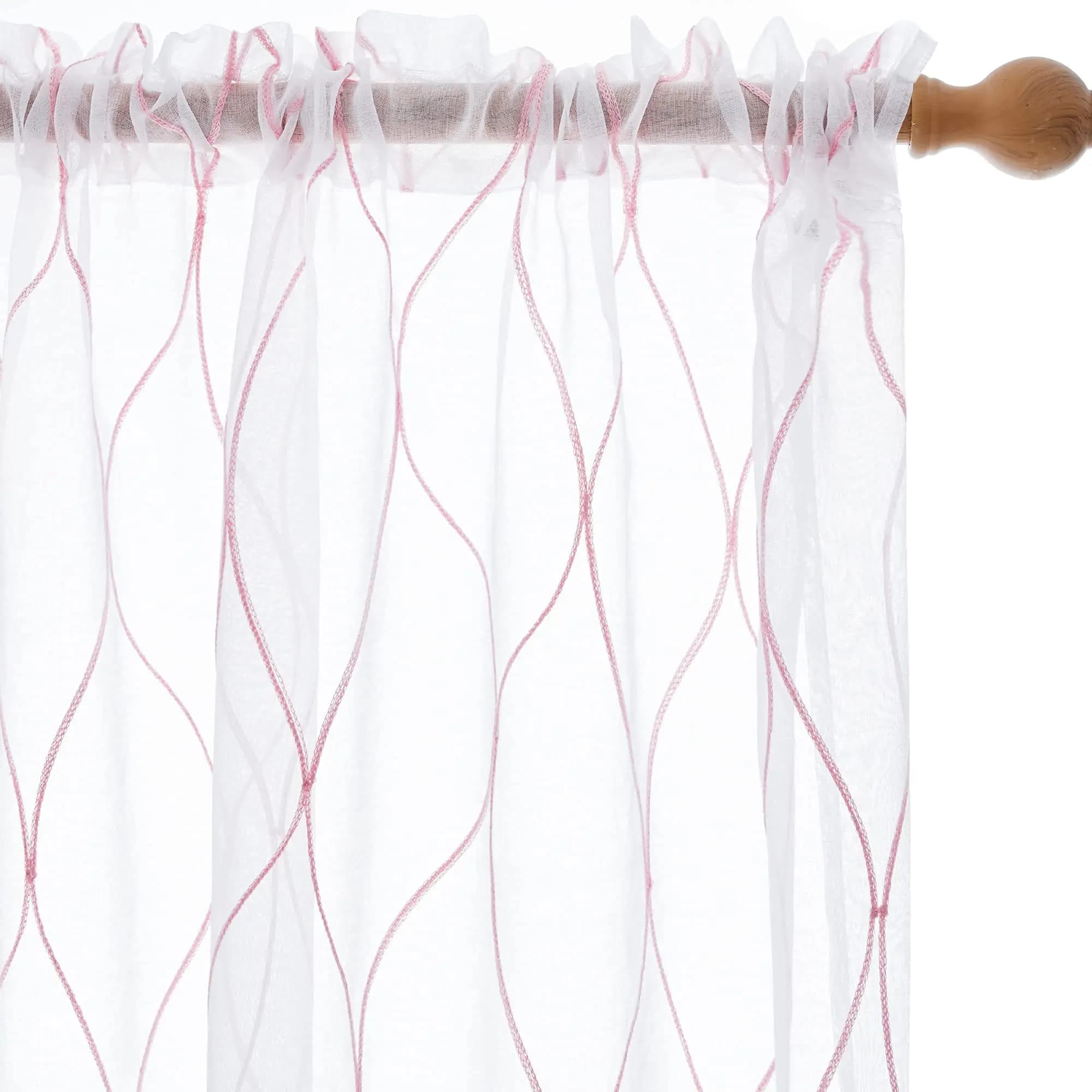 Deconovo Embroidered White Sheer Curtains, Wave Pattern Rod Pocket Voile Drapes for Short Window, Set of 2 Panels