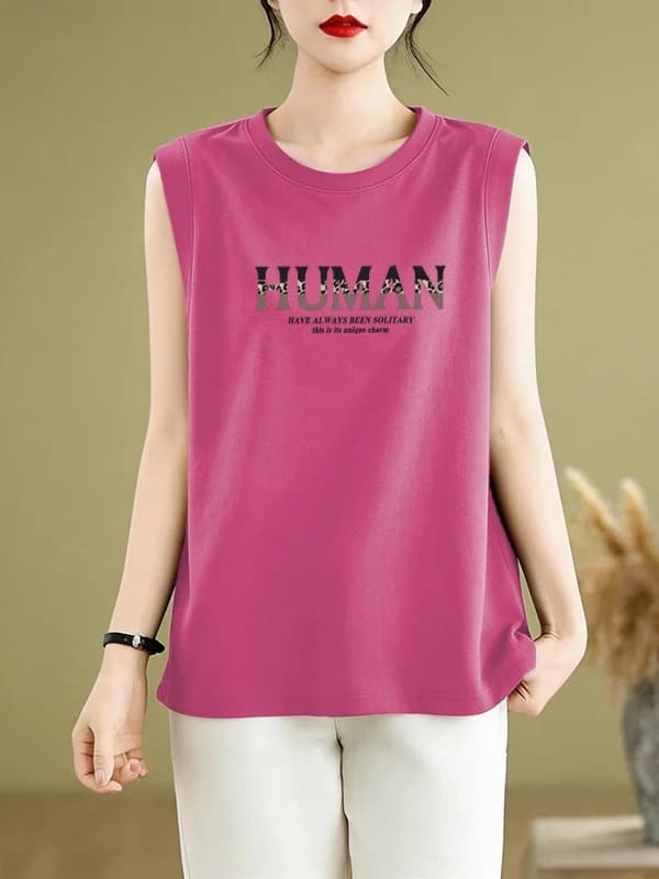Artistic Slimming Print Tank Top Women's Pure Cotton Casual Summer plus Size Loose round Neck Sleeveless T-Shirt Ladies