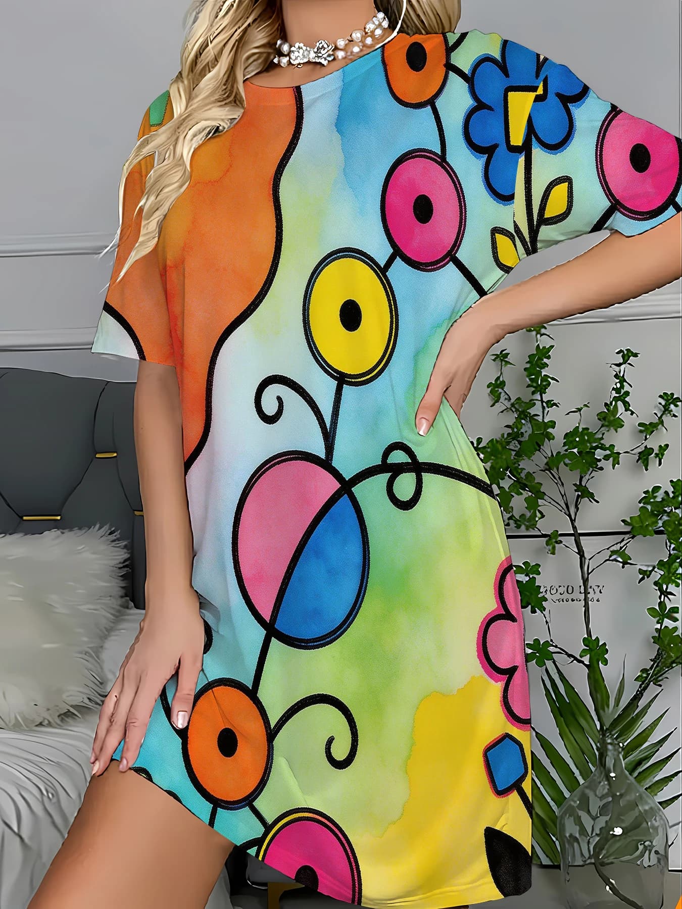 Camicia da Notte a Righe per Donna, Vestito da Notte in Maglia Larga, Comodo Abbigliamento Estivo per Casa
