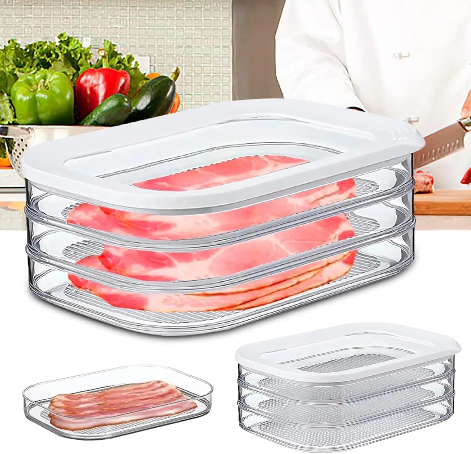 Contenitore per carne per frigorifero, 2024 Nuovo contenitore per carne per pranzo al pancetta per frigorifero, contenitori per la preparazione dei pasti, scatole per alimenti impilabili con
