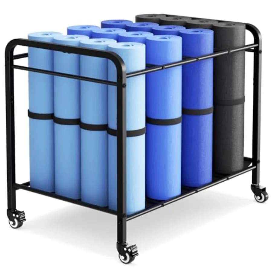 Carrello Porta Tappetini Yoga Nero con Ruote, Cesto Portaoggetti da Terra in Metallo per Attrezzature da Allenamento, Rulli in Schiuma e Manubri