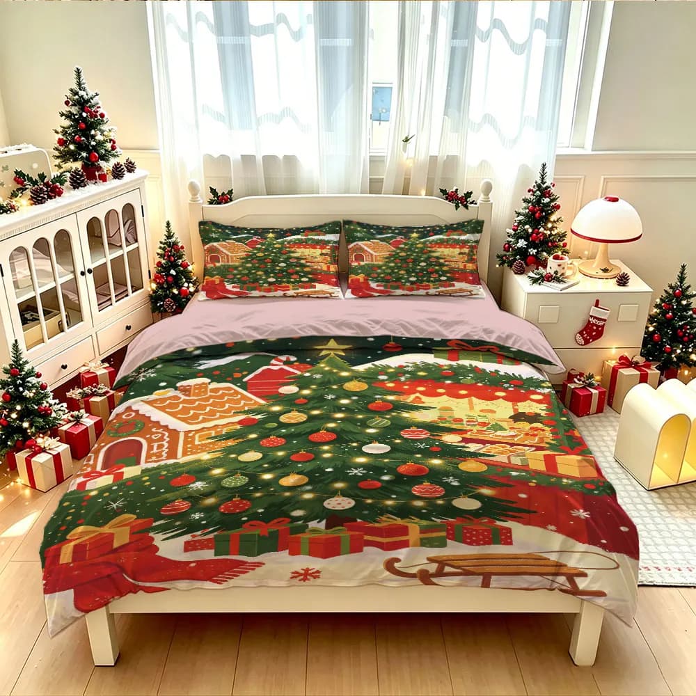 Christmas Duvet Cover Set 3Pcs Gingerbread House Xmas Tree Gift Snow Print Soft Microfiber Bedding with Pillowcases
