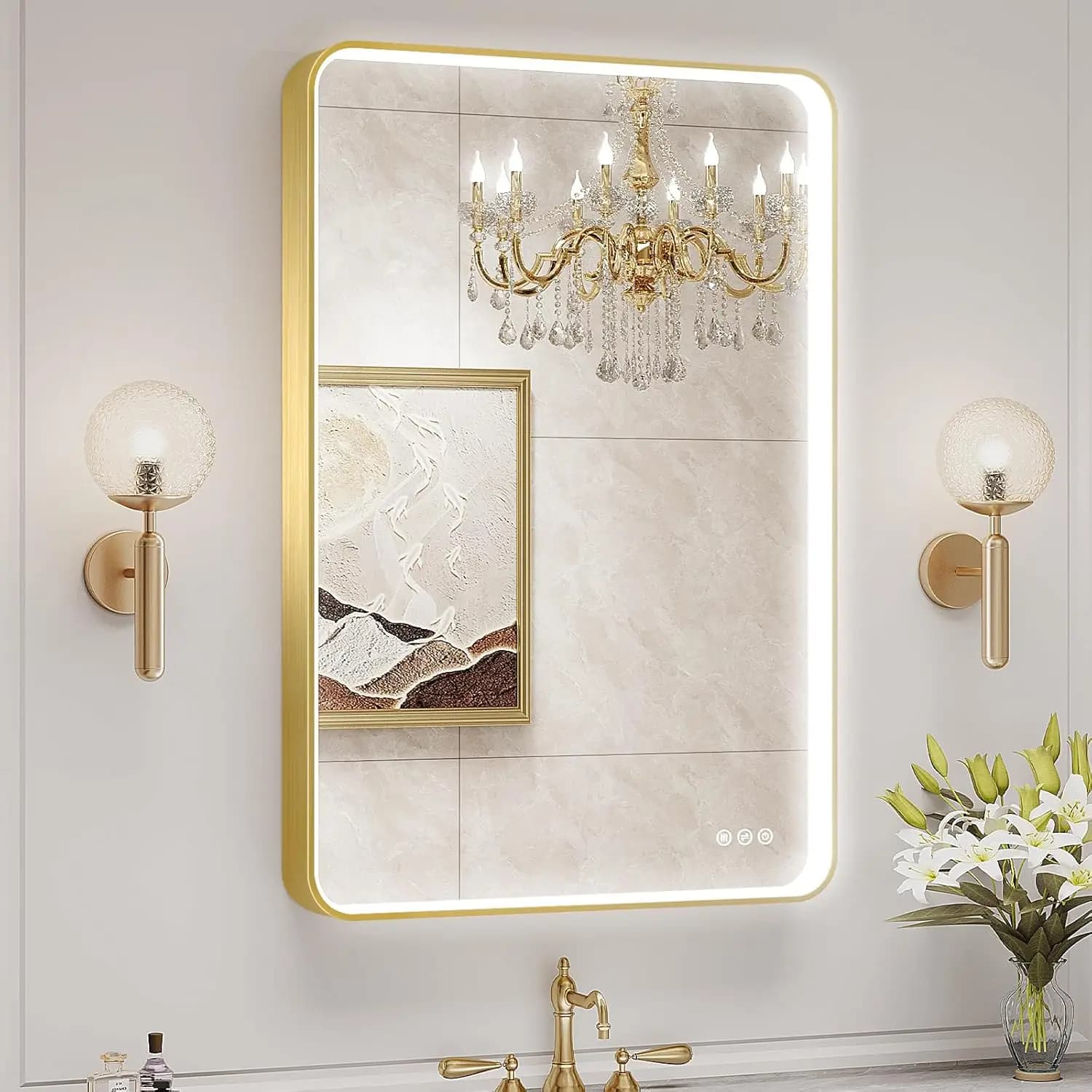 Specchio da Bagno a LED con Cornice Dorata 24x36 Pollici, Alluminio e Oro, Antiappannamento, Dimmerabile a Regolazione Continua, Illuminazione Frontale, Memoria, Infrangibile