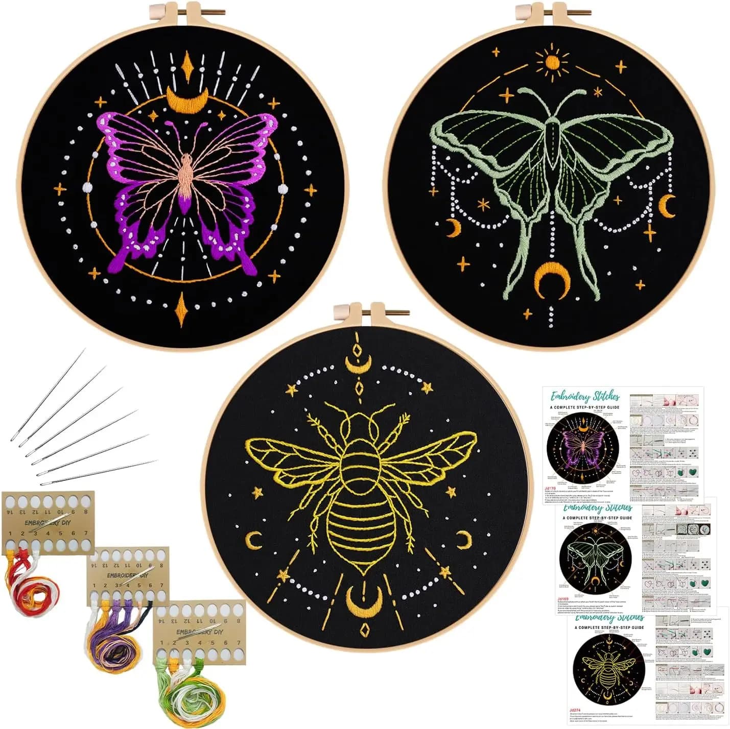 3 Kit di Ricamo Tarocchi per Principianti, Set Punto Croce con Motivi Luna, Farfalla, Ape e Falena e Strumenti Inclusi