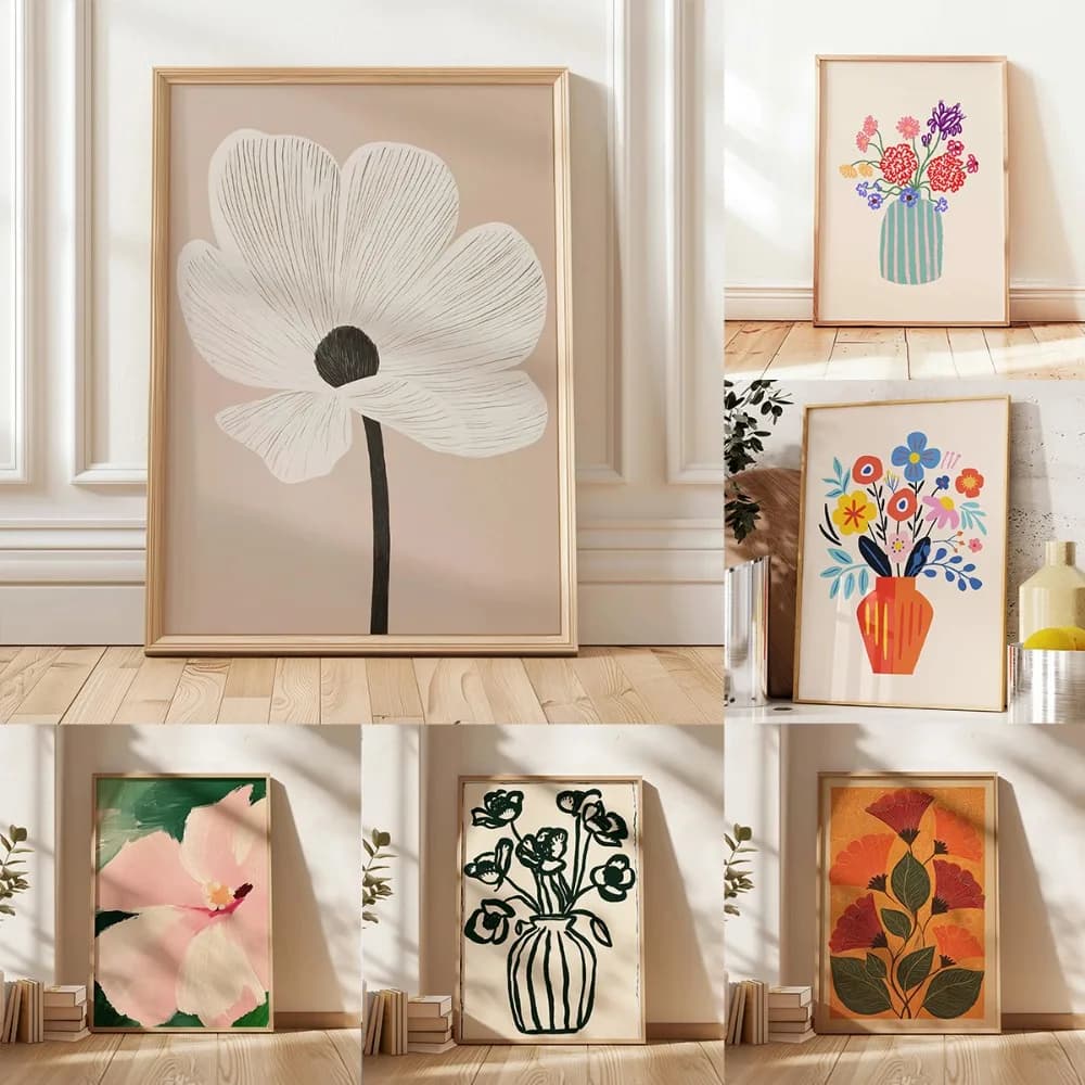 2026 Retro Beige Floral Line Printing,Simple Diamond Painting,Frameless Modern Plant Wall Decor for Living Room,Housewarming
