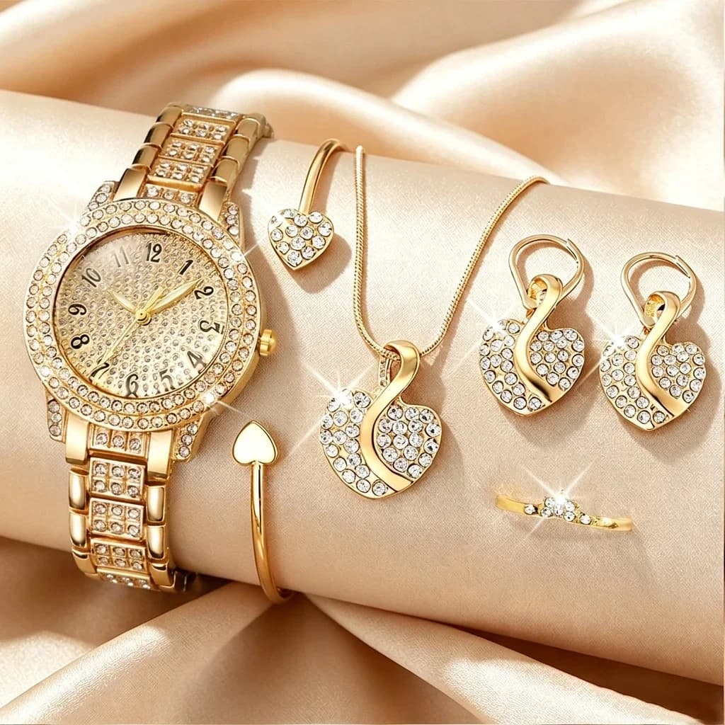 6PCS Fashion Rhinestone Women Watch Heart Jewelry Set Luxury Bracelet Strap Ladies Quartz Wristwatches Relogio Feminino Clock