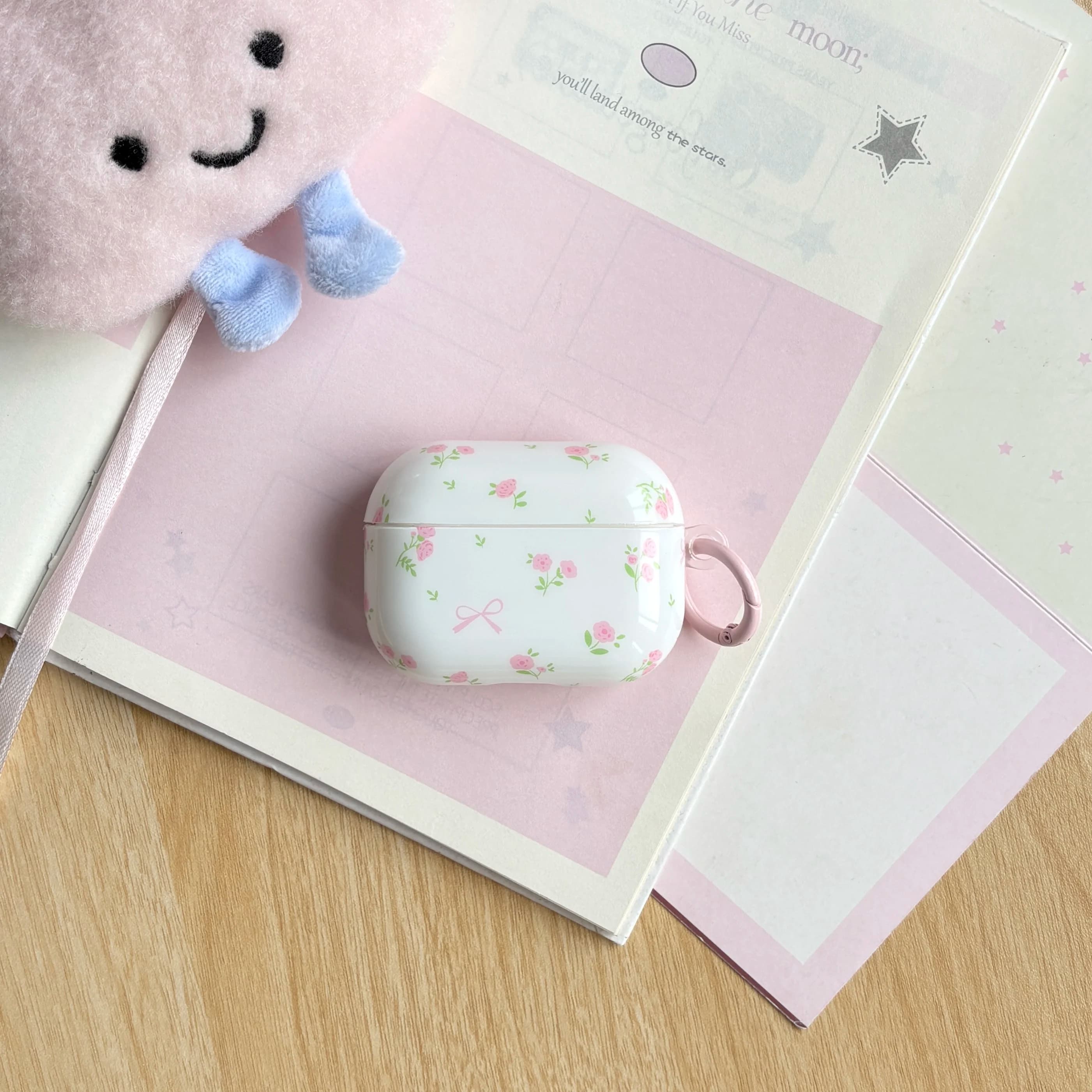 Custodia per auricolari bianca lucida con motivo a fiocco e linee floreali piccole rosa, semplice e carina, per AirPods 1 2 3 4 Pro Pro2 Pro3