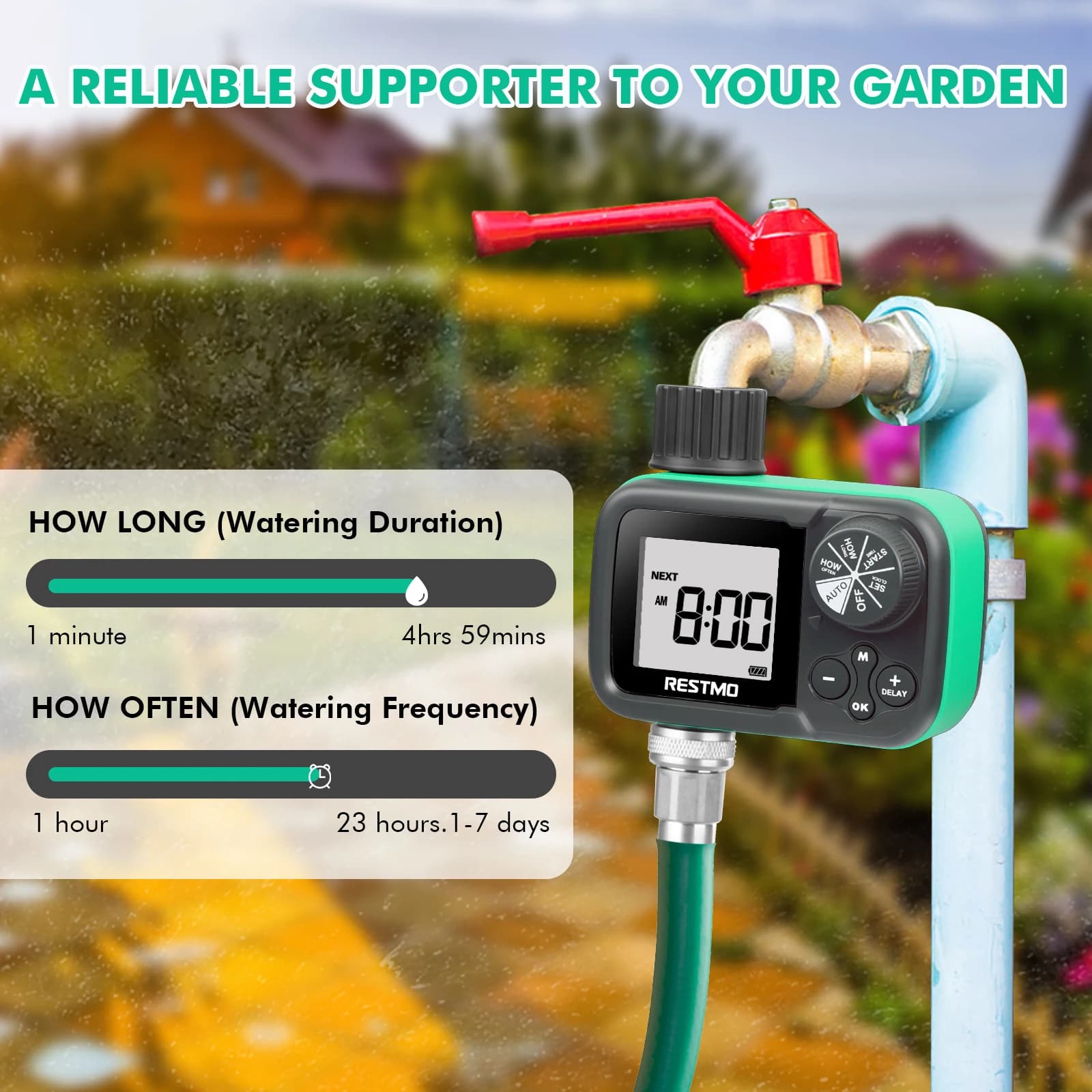 Timer per irrigazione a bassa pressione con valvola a sfera, compatibile con serbatoi dell'acqua piovana, sistema automatico e manuale per irrigazione del prato