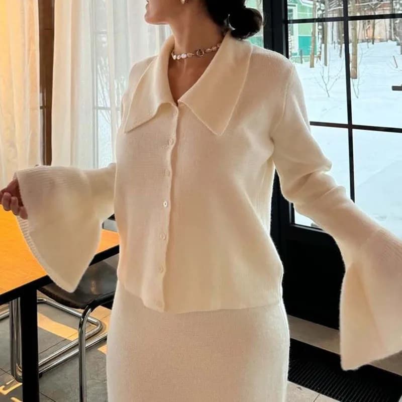New Winter Thick Warm Crochet Hook Women's 2pc Set Fashion Lapel Sweater and Skirt Outfits Casual Long Sleeved Loose Knit Suit