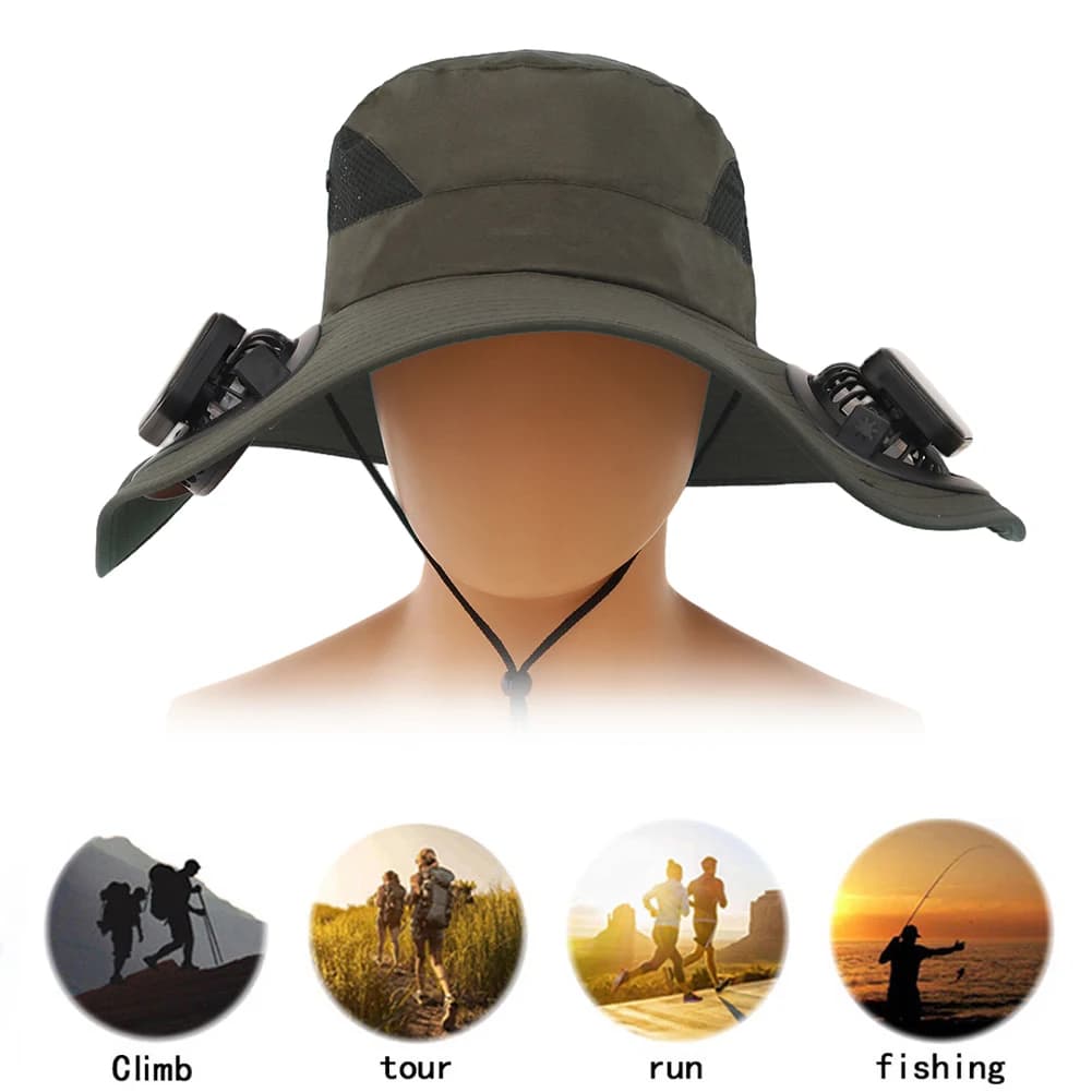 Large Tent Fisherman's Hat with Solar Fan with 2 Solar Fans Fishing Hat Summer Hat for Men Outdoor Camping Fishing Hiking